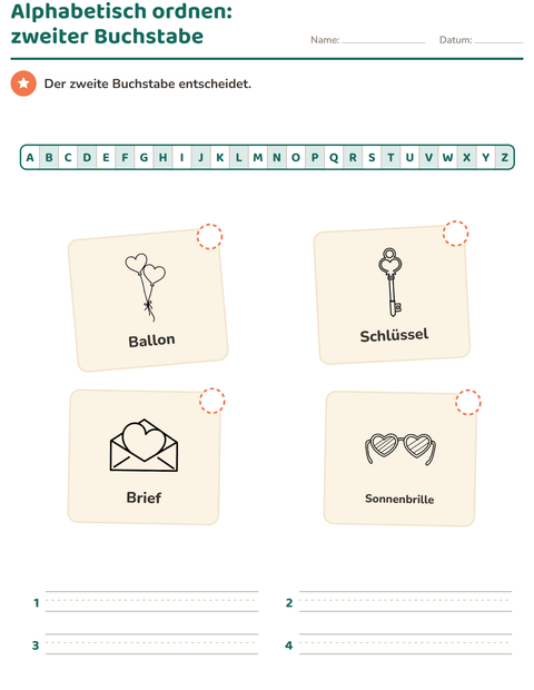 Vorschau: Alphabetisch ordnen-Arbeitsblatt mit Valentinstag SW 2 für 1. Klasse