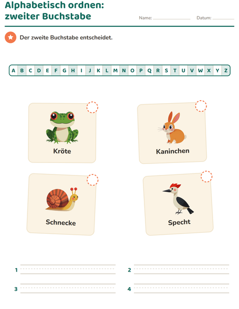 Vorschau: Alphabetisch ordnen-Arbeitsblatt mit Waldtiere für 1. Klasse