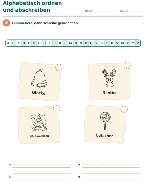Vorschau: Alphabetisch ordnen-Arbeitsblatt mit Weihnachten S/W für 1. Klasse