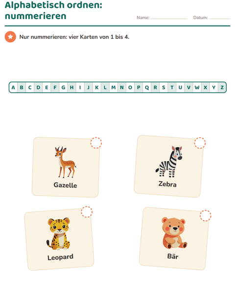 Vorschau: Alphabetisch ordnen-Arbeitsblatt mit Zootiere für 1. Klasse