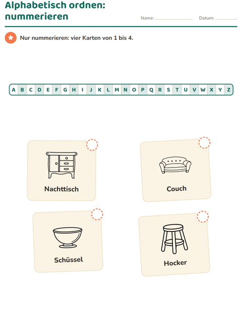 Vorschau: Alphabetisch ordnen-Arbeitsblatt mit Möbel SW für 1. Klasse