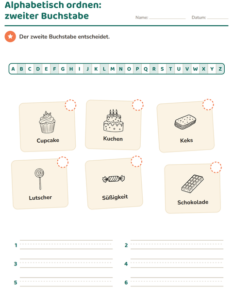 Vorschau: Alphabetisch ordnen-Arbeitsblatt mit Nachtisch (S/W) für 1. Klasse