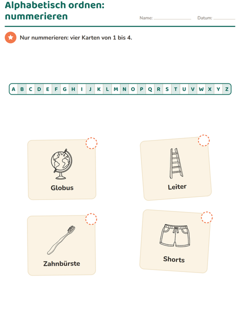 Vorschau: Alphabetisch ordnen-Arbeitsblatt mit Objekte SW für 1. Klasse