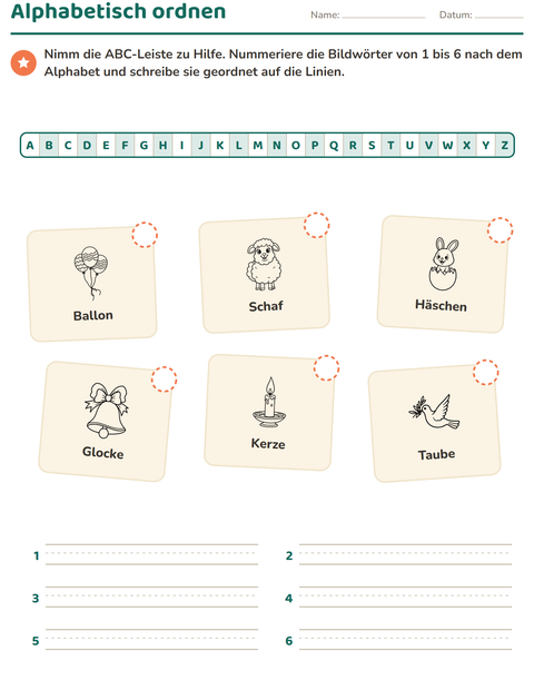 Vorschau: Alphabetisch ordnen-Arbeitsblatt mit Ostern SW 2 für 1. Klasse