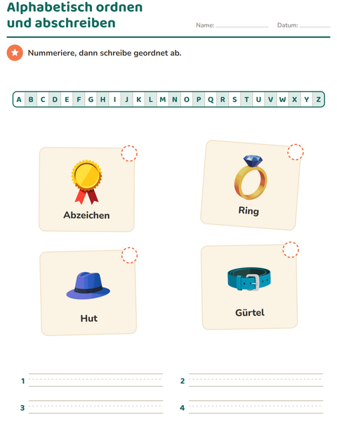 Vorschau: Alphabetisch ordnen-Arbeitsblatt mit Accessoires für 1. Klasse