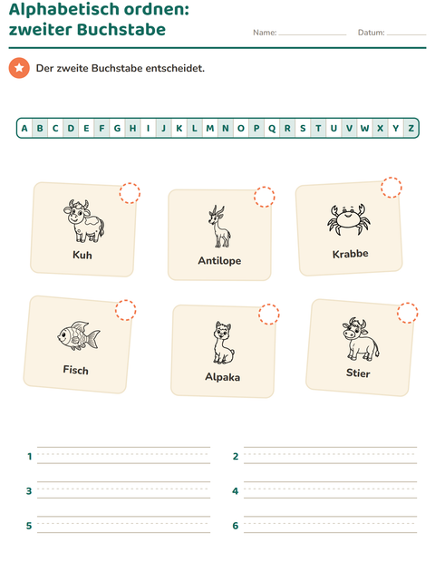 Vorschau: Alphabetisch ordnen-Arbeitsblatt mit Bauernhoftiere SW für 1. Klasse