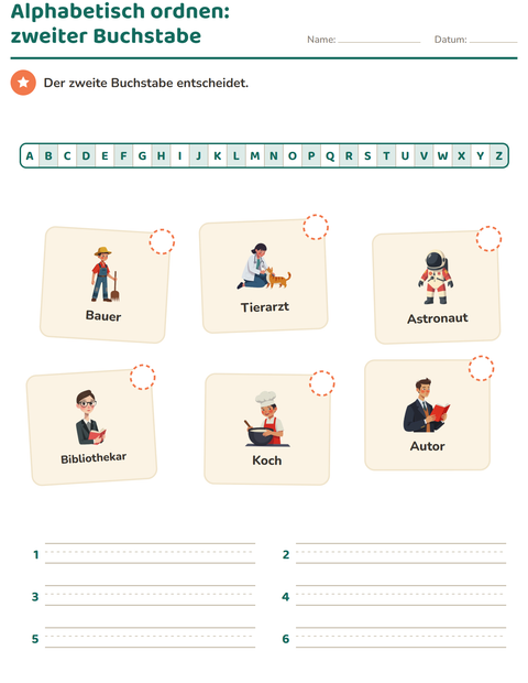 Vorschau: Alphabetisch ordnen-Arbeitsblatt mit Berufe für 1. Klasse