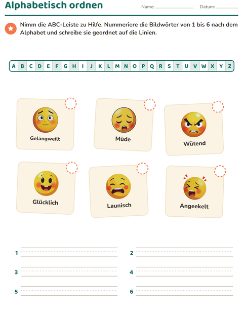 Vorschau: Alphabetisch ordnen-Arbeitsblatt mit Emotionen für 1. Klasse