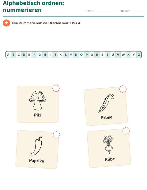 Vorschau: Alphabetisch ordnen-Arbeitsblatt mit Gemüse SW 2 für 1. Klasse