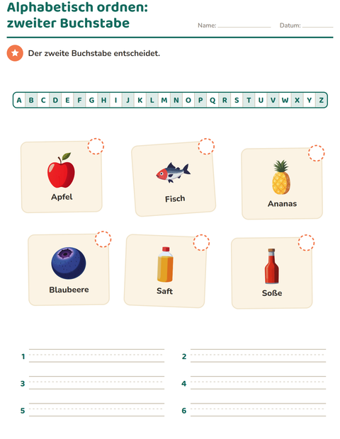 Vorschau: Alphabetisch ordnen-Arbeitsblatt mit Im Supermarkt für 1. Klasse