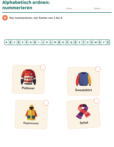 Vorschau: Alphabetisch ordnen-Arbeitsblatt mit Kleidung für 1. Klasse