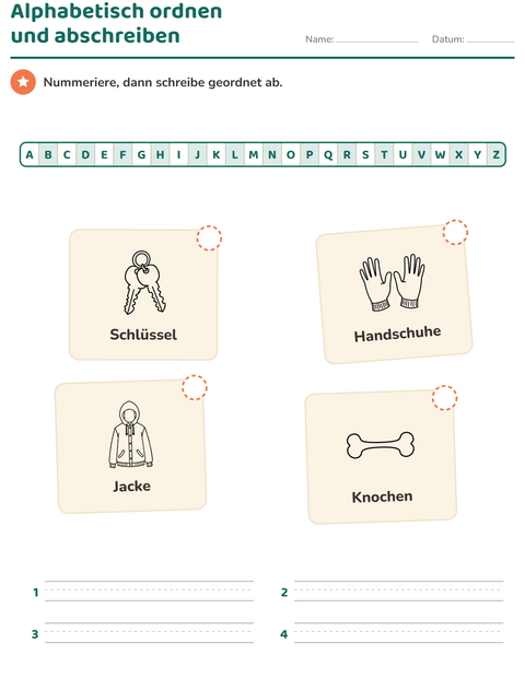 Vorschau: Alphabetisch ordnen-Arbeitsblatt mit Objekte SW für 1. Klasse