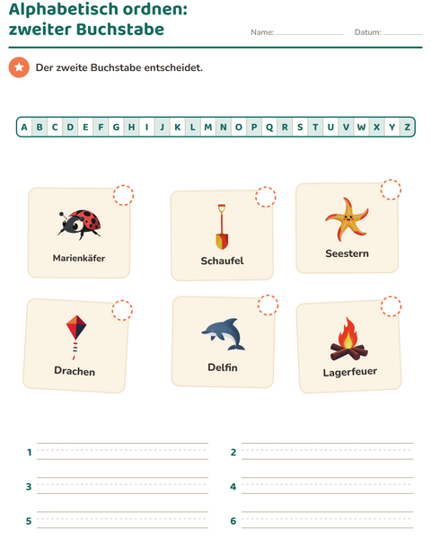 Vorschau: Alphabetisch ordnen-Arbeitsblatt mit Sommer für 1. Klasse