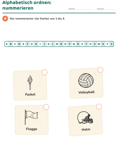 Vorschau: Alphabetisch ordnen-Arbeitsblatt mit Sport SW 2 für 1. Klasse