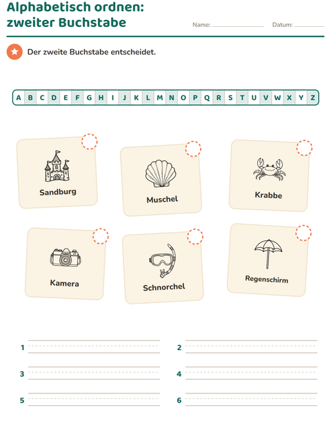 Vorschau: Alphabetisch ordnen-Arbeitsblatt mit Strand SW 2 für 1. Klasse