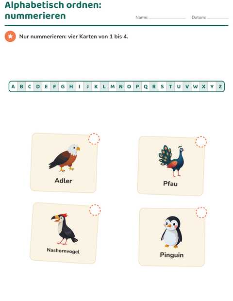 Vorschau: Alphabetisch ordnen-Arbeitsblatt mit Vögel für 1. Klasse