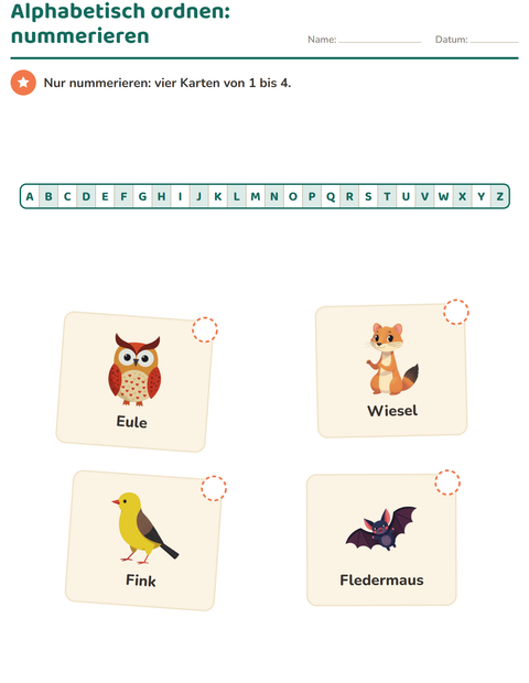 Vorschau: Alphabetisch ordnen-Arbeitsblatt mit Waldtiere für 1. Klasse