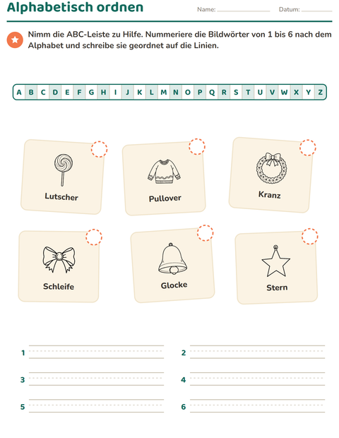 Vorschau: Alphabetisch ordnen-Arbeitsblatt mit Weihnachten S/W für 1. Klasse