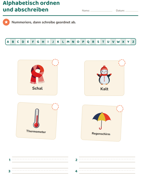 Vorschau: Alphabetisch ordnen-Arbeitsblatt mit Wetter für 1. Klasse