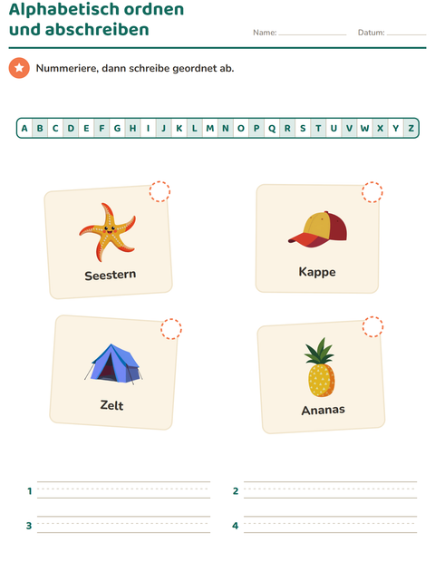 Vorschau: Alphabetisch ordnen-Arbeitsblatt mit Sommer für 1. Klasse