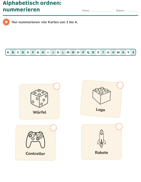 Vorschau: Alphabetisch ordnen-Arbeitsblatt mit Spielzeug SW 2 für 1. Klasse