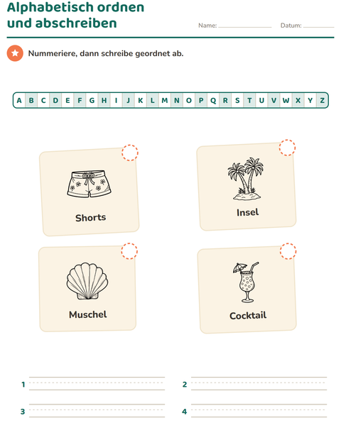 Vorschau: Alphabetisch ordnen-Arbeitsblatt mit Strand SW 2 für 1. Klasse