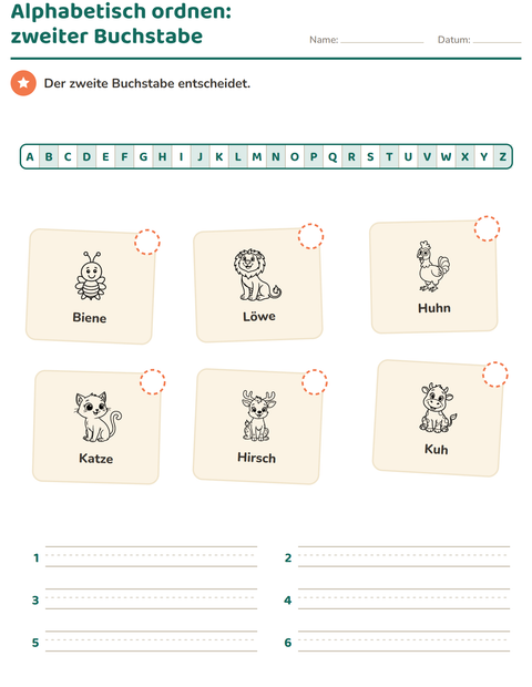 Vorschau: Alphabetisch ordnen-Arbeitsblatt mit Tiere SW 3 für 1. Klasse