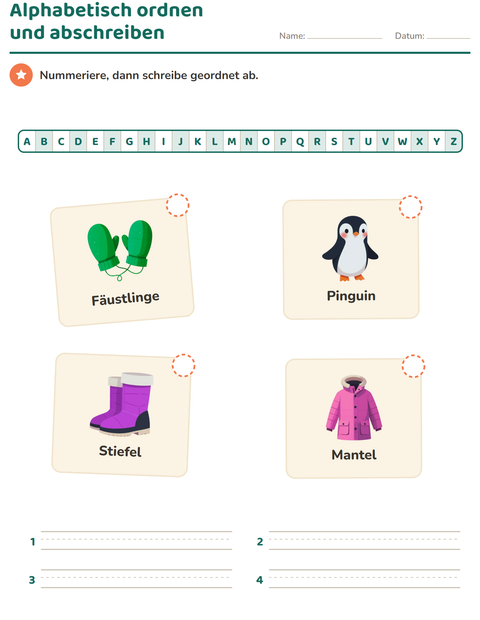 Vorschau: Alphabetisch ordnen-Arbeitsblatt mit Winter für 1. Klasse