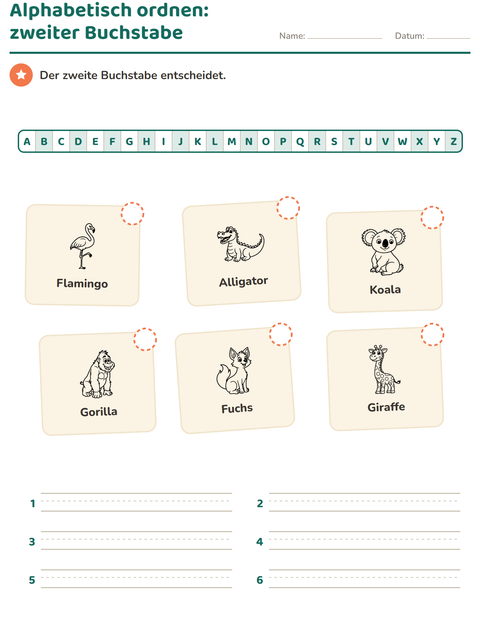 Vorschau: Alphabetisch ordnen-Arbeitsblatt mit Zootiere SW für 1. Klasse