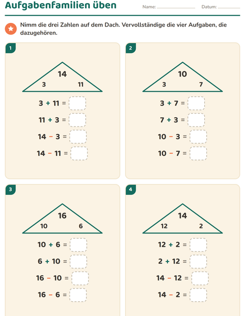 Aufgabenfamilien üben – vier Aufgaben aus drei Zahlen