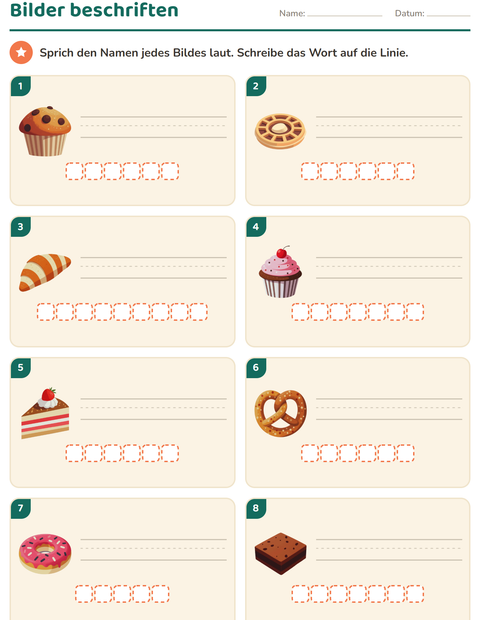 Vorschau: Bilder beschriften-Arbeitsblatt mit Bäckerei für 1. Klasse
