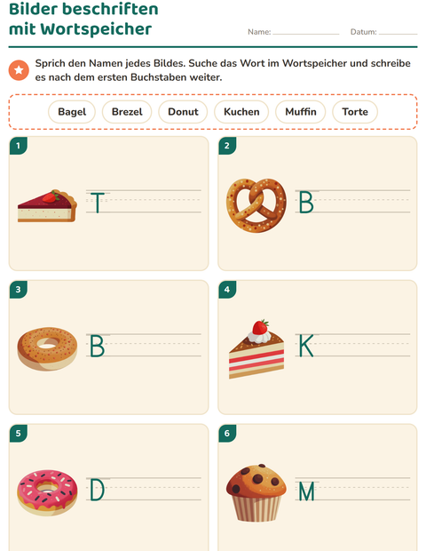 Vorschau: Bilder beschriften-Arbeitsblatt mit Bäckerei für 1. Klasse