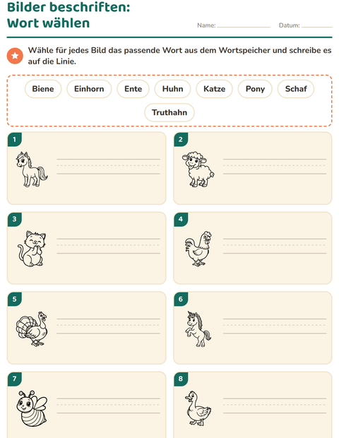 Vorschau: Bilder beschriften-Arbeitsblatt mit Bauernhoftiere SW für 1. Klasse