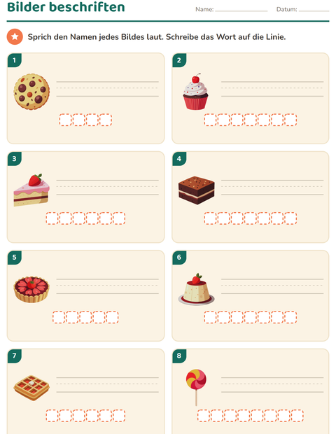 Vorschau: Bilder beschriften-Arbeitsblatt mit Desserts und Süßigkeiten für 1. Klasse