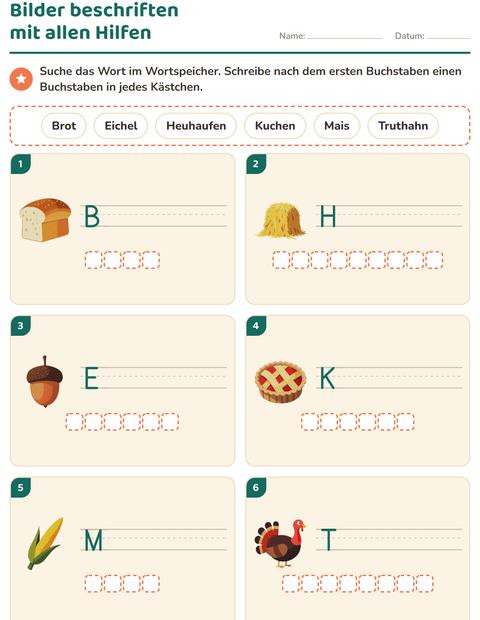 Vorschau: Bilder beschriften-Arbeitsblatt mit Erntedankfest für 1. Klasse