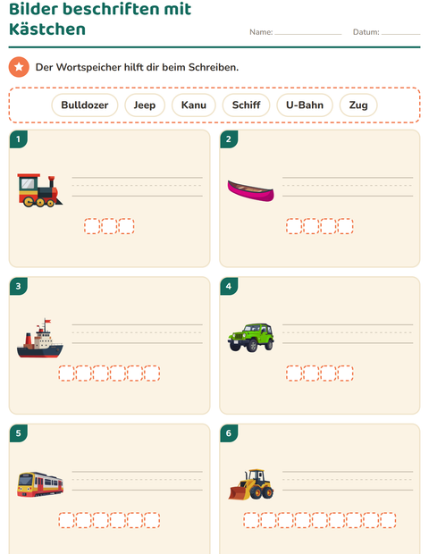 Vorschau: Bilder beschriften mit Wortspeicher und Buchstabenkästchen