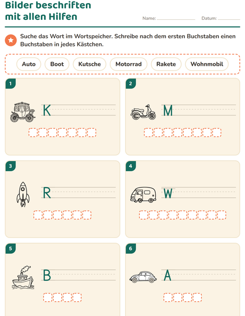 Vorschau: Bilder beschriften-Arbeitsblatt mit Fahrzeuge SW 3 für 1. Klasse