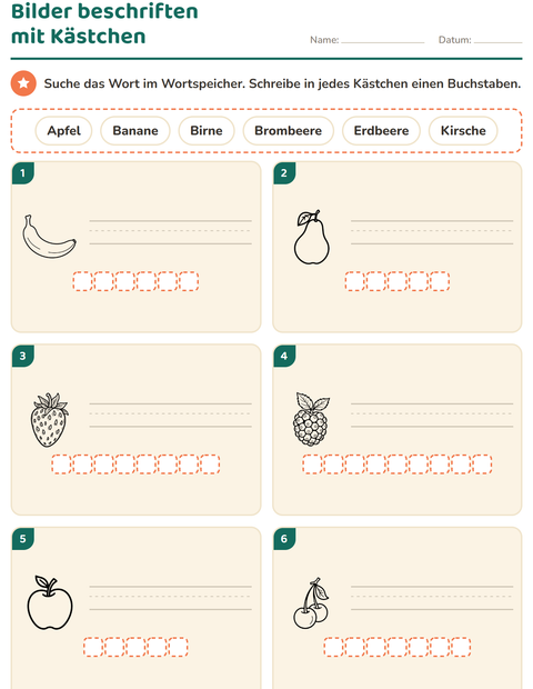 Vorschau: Bilder beschriften-Arbeitsblatt mit Früchte SW für 1. Klasse