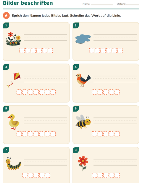 Vorschau: Bilder beschriften-Arbeitsblatt mit Frühling für 1. Klasse