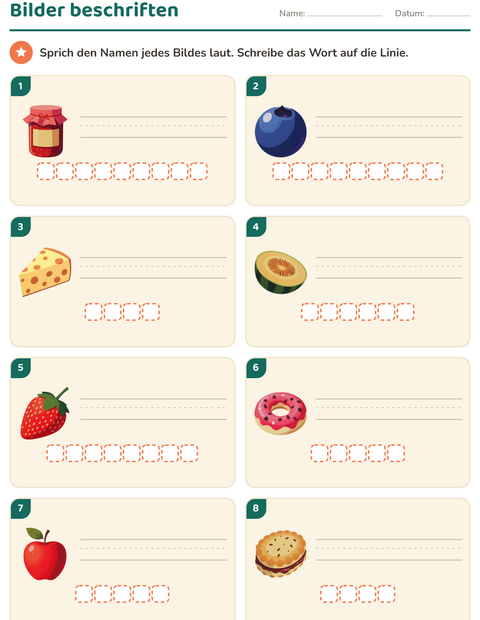 Vorschau: Bilder beschriften-Arbeitsblatt mit Frühstück für 1. Klasse