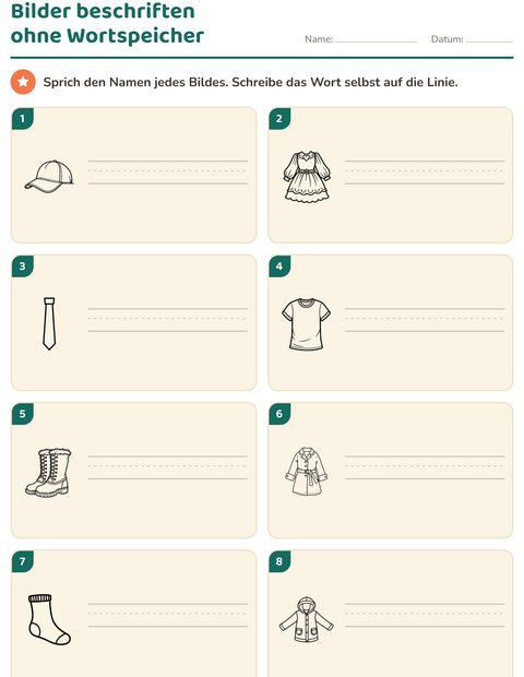 Vorschau: Bilder beschriften-Arbeitsblatt mit Kleidung SW für 1. Klasse