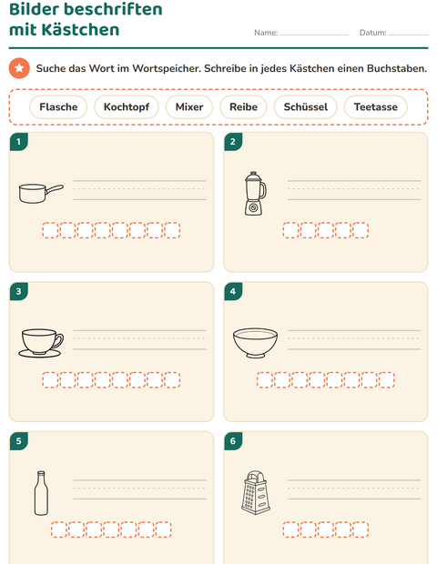 Vorschau: Bilder beschriften-Arbeitsblatt mit Küche SW für 1. Klasse