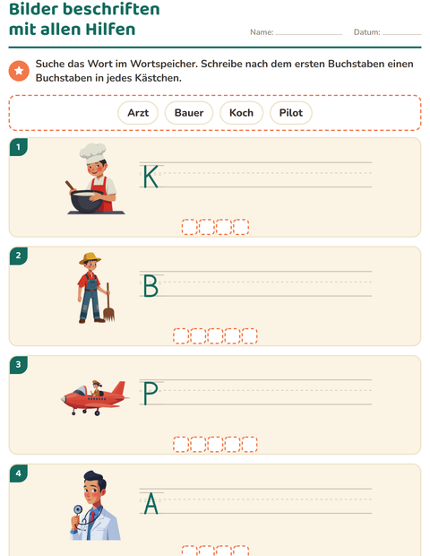 Vorschau: Bilder beschriften-Arbeitsblatt mit Berufe für 1. Klasse