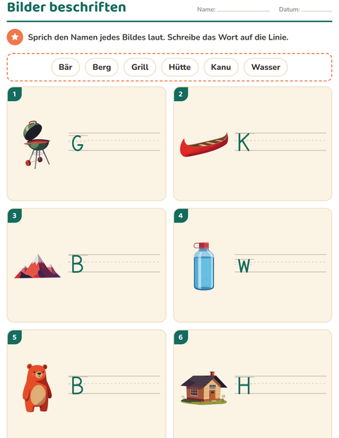 Vorschau: Bilder beschriften-Arbeitsblatt mit Camping für 1. Klasse