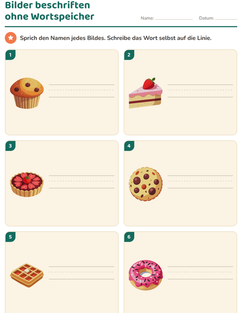 Vorschau: Bilder beschriften-Arbeitsblatt mit Desserts und Süßigkeiten für 1. Klasse