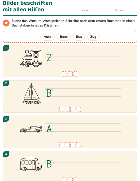 Vorschau: Bilder beschriften-Arbeitsblatt mit Fahrzeuge SW für 1. Klasse