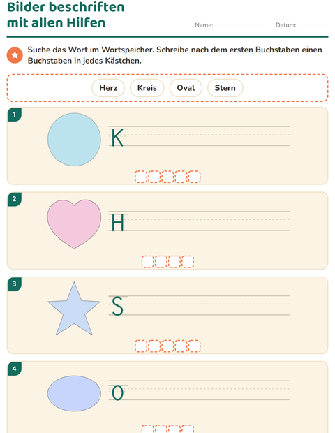 Vorschau: Bilder beschriften-Arbeitsblatt mit Formen für 1. Klasse