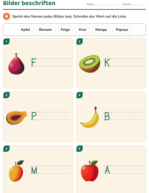 Vorschau: Bilder beschriften-Arbeitsblatt mit Früchte für 1. Klasse