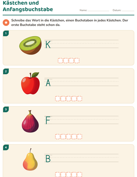 Vorschau: Bilder beschriften-Arbeitsblatt mit Früchte für 1. Klasse