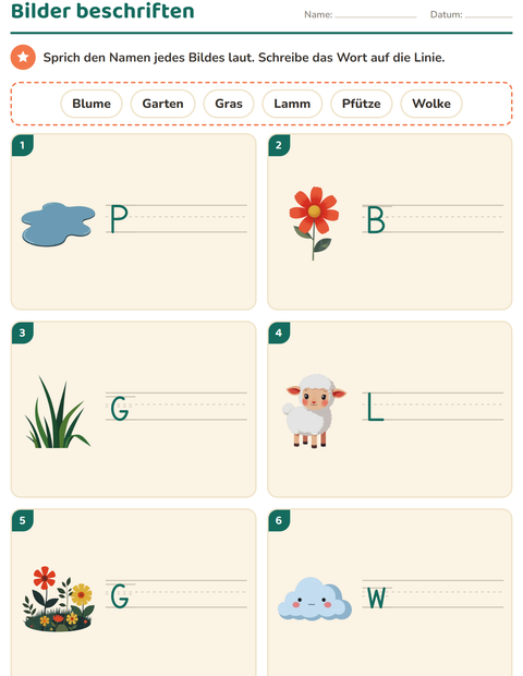 Vorschau: Bilder beschriften-Arbeitsblatt mit Frühling für 1. Klasse